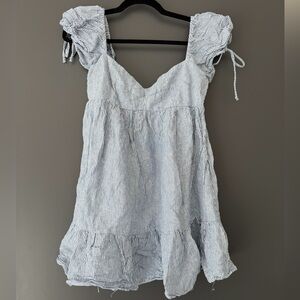 Nati Blue and White Striped Ruffle Mini Dress